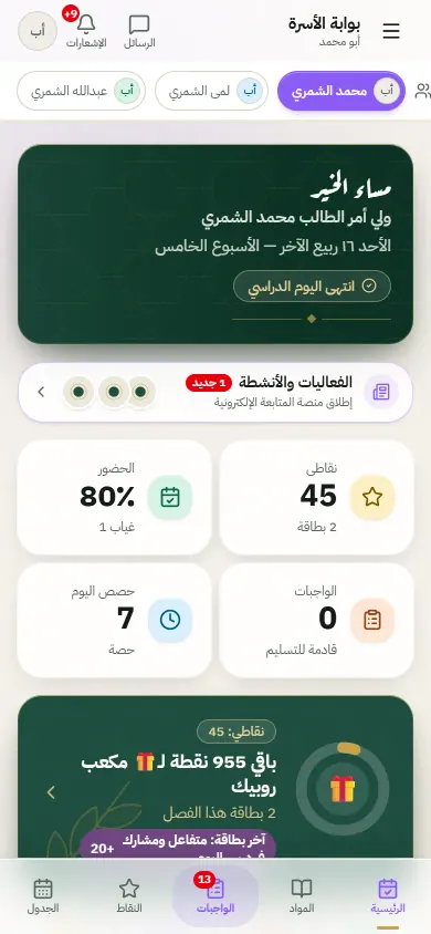 بوابة الأسرة على الجوال: النقاط والجدول